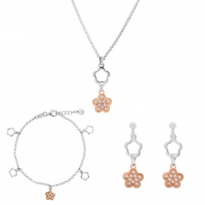 'Nixie' Women's Sterling Silver Set: Chain + Bracelet + Earrings - Silver/Rose SET-7377
