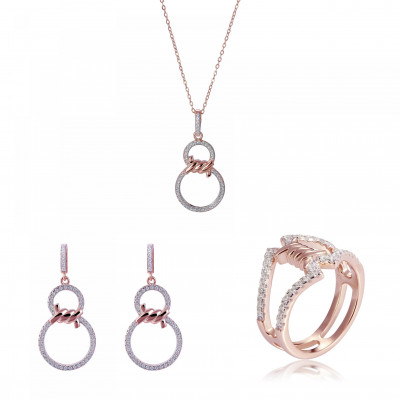 'Aavia' Women's Sterling Silver Set: Necklace + Earrings + Ring - Rose SET-7422