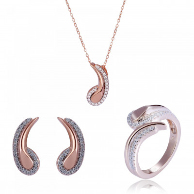 'Tilou' Women's Sterling Silver Set: Necklace + Earrings + Ring - Rose SET-7441
