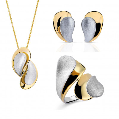 'Ameliana' Women's Sterling Silver Set: Necklace + Earrings + Ring - Silver/Gold SET-7508