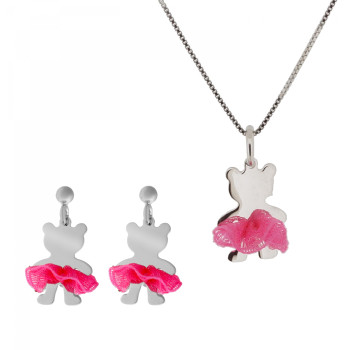 Orphelia® 'Bear Bow' Child's Sterling Silver Set: Chain-Pendant + Earrings - Silver SET-7132