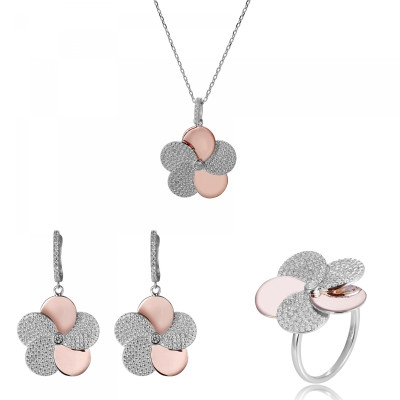 Orphelia® 'Fioni' Women's Sterling Silver Set: Necklace + Earrings + Ring - Silver/Rose SET-7452